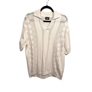 H&M Polo Shirt Mens Small Cream Loose Fit Pointelle-knit Short Sleeve Cotton